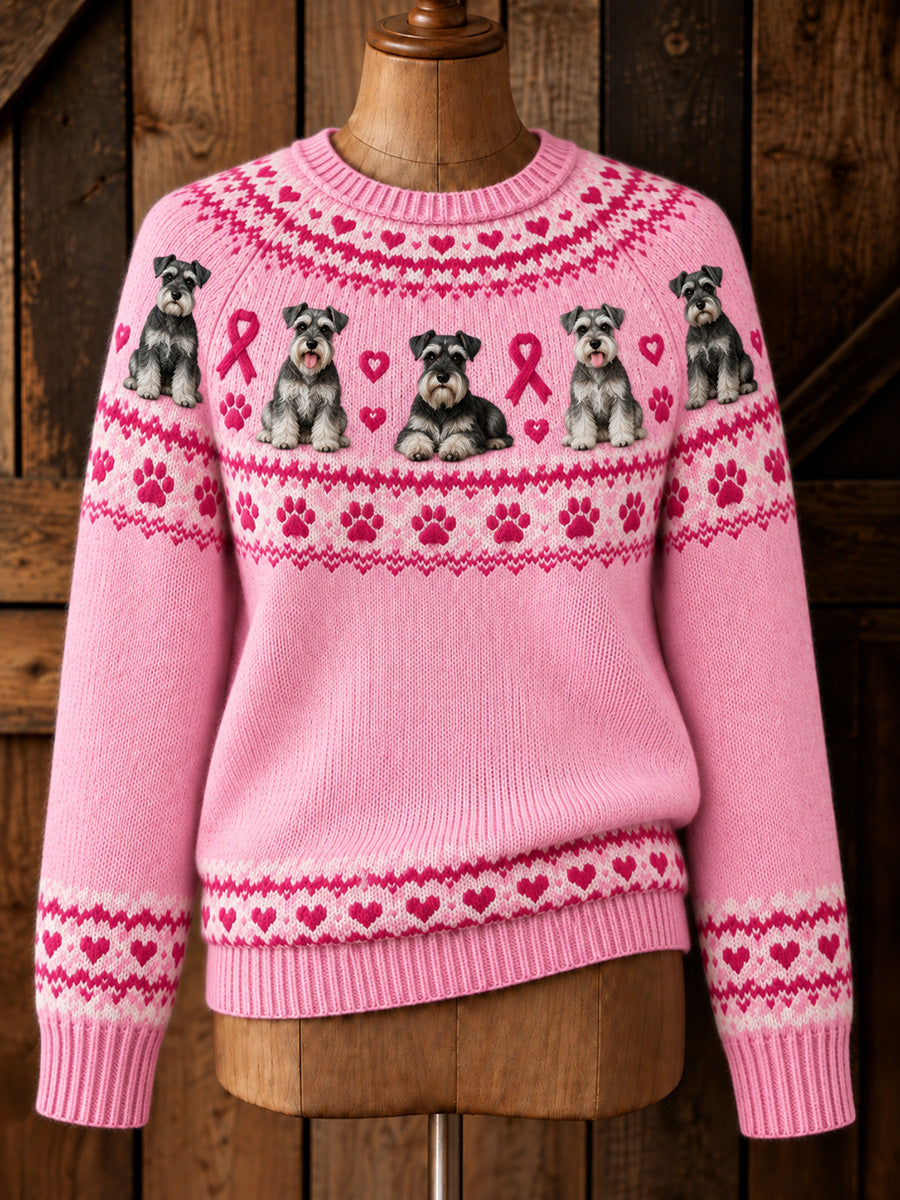 Kvinnors Vintage Pink Ribbon Schnauzer joke Isle Print Långärmad tröjar
