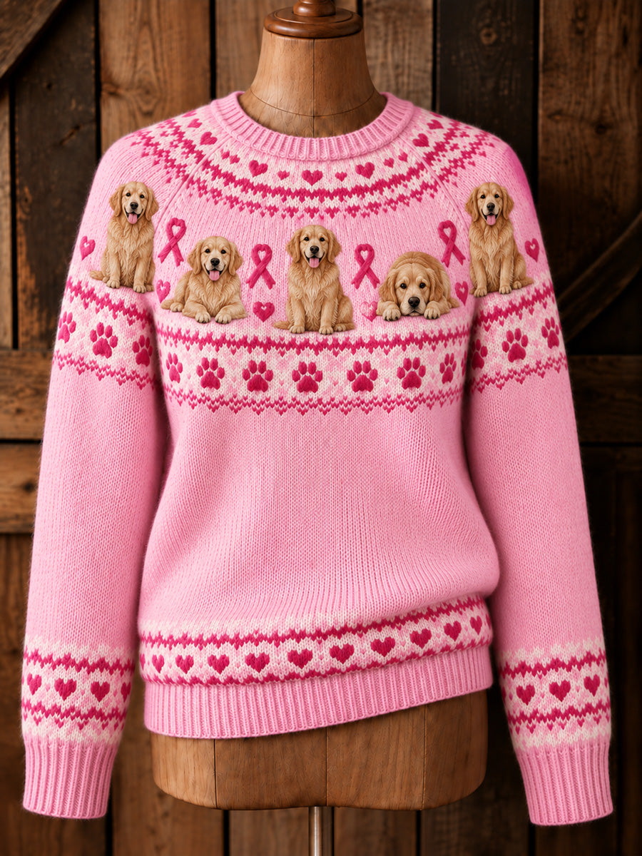Kvinnors Vintage Pink Ribbon Golden Retriever Yoke Isle Print Långärmad tröjar