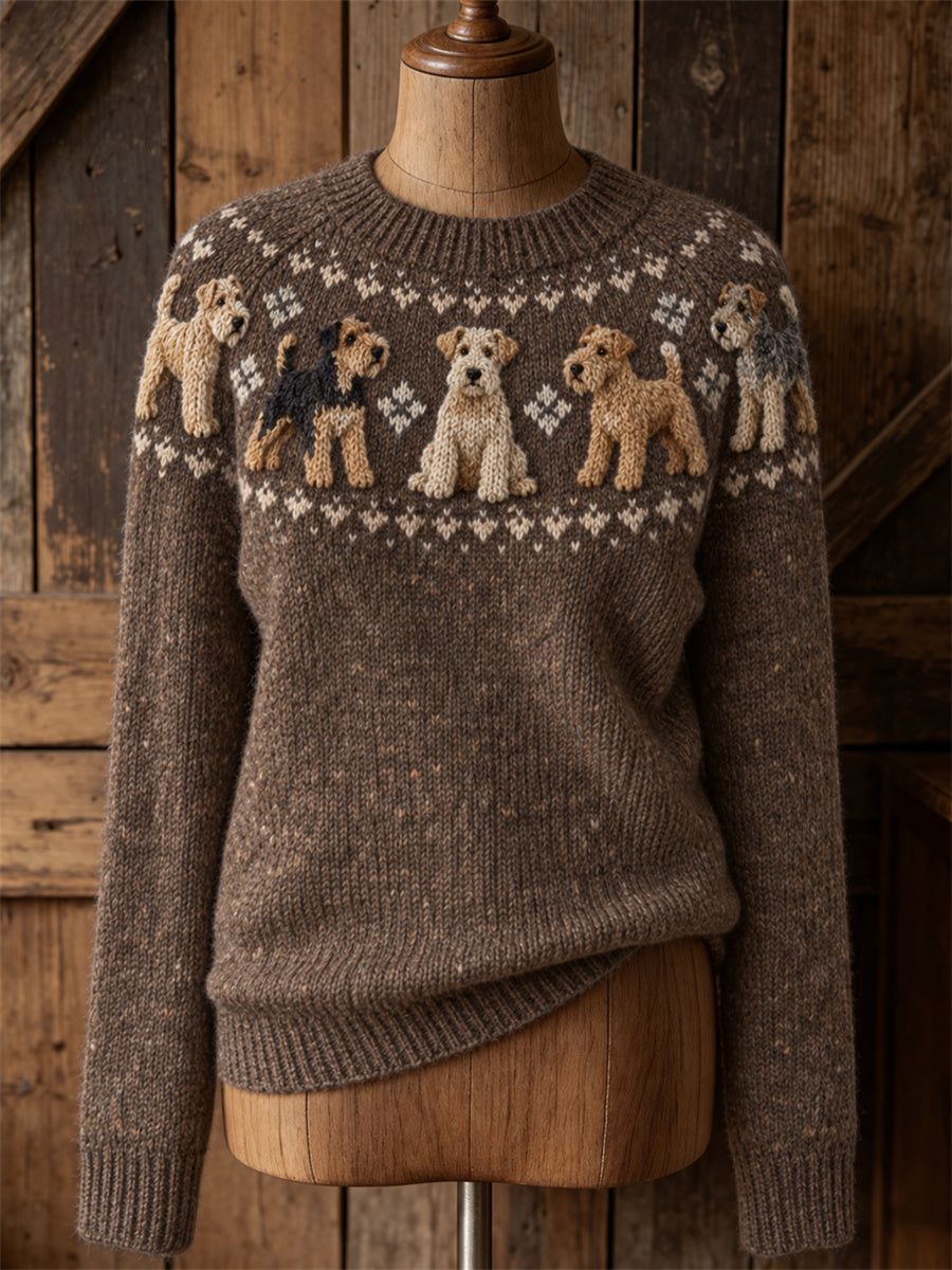 Kvinnors Vintage Lakeland Terrier hundar Yoke Isle Print besättning hals tröjar
