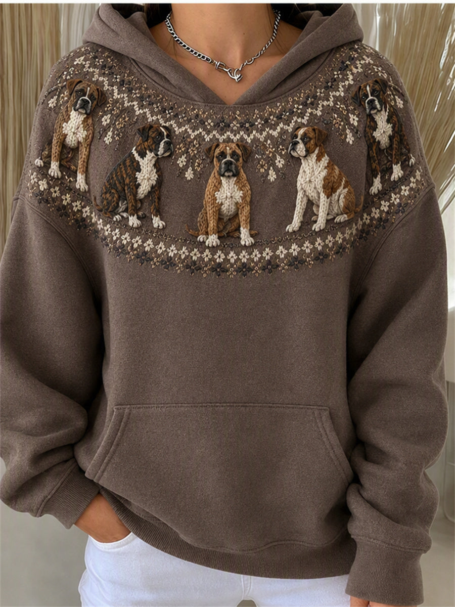 Kvinnors Vintage Boxer hundar Yoke Isle Print Mysig Hoodie Print