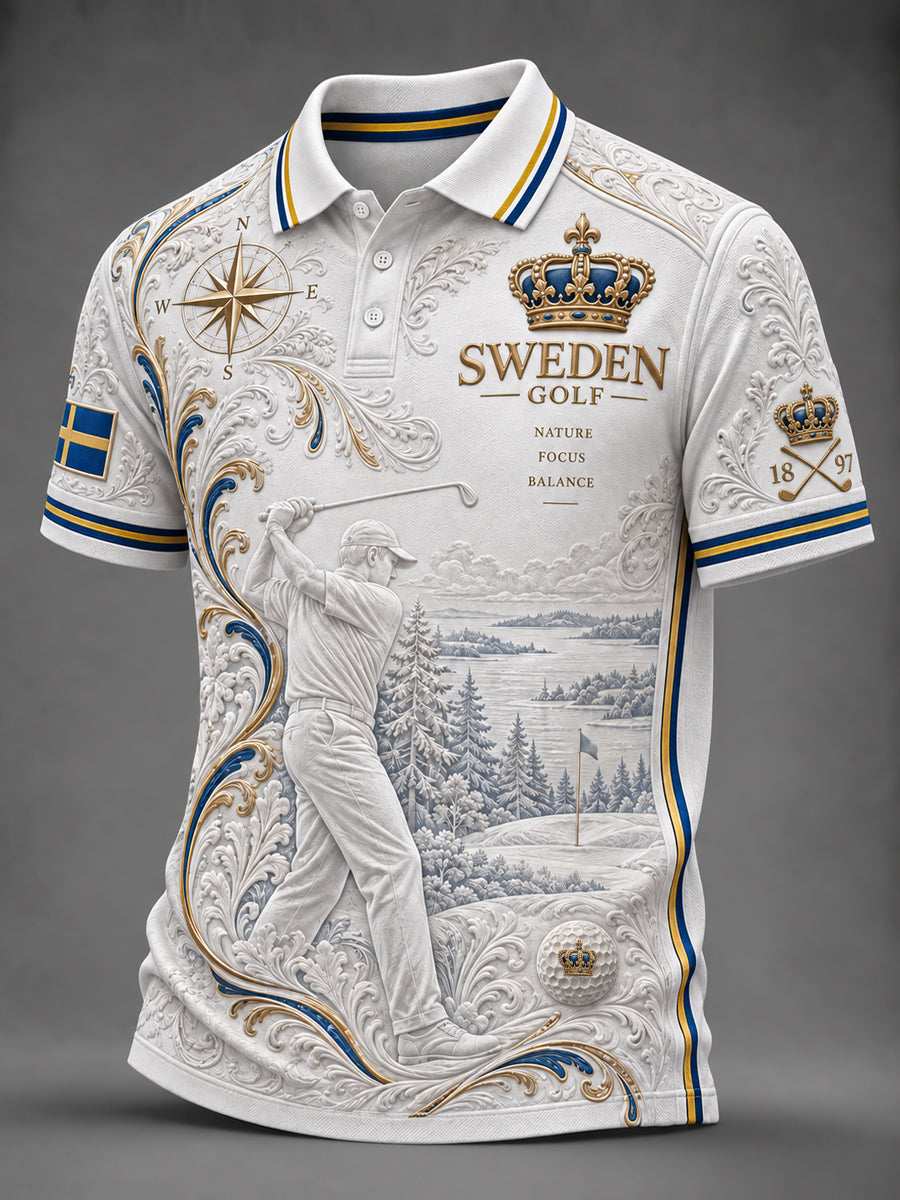 Herrpolotröja i golfstil med svenskt motiv, avslappnad stil