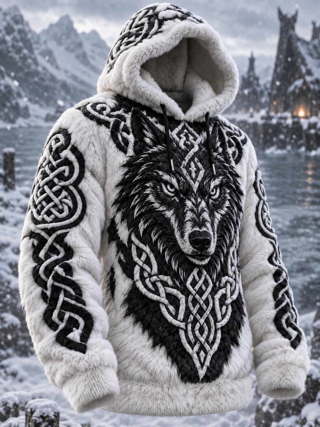 Mäns Vintage Viking Wolf Flanell varm Hoodie varmt