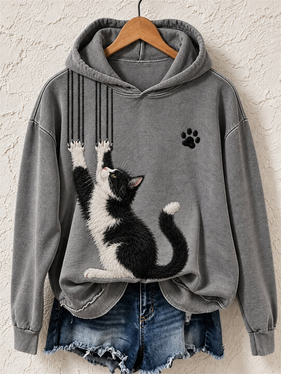 Kvinnlig rolig mysig hoodie med tryck av ko, katt och kloavtryck