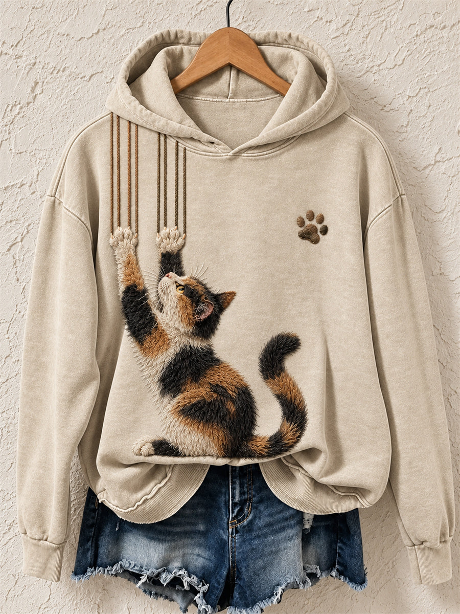Kvinnors roliga Calico katt & klo skrap Skriv ut mysig Hoodie Print