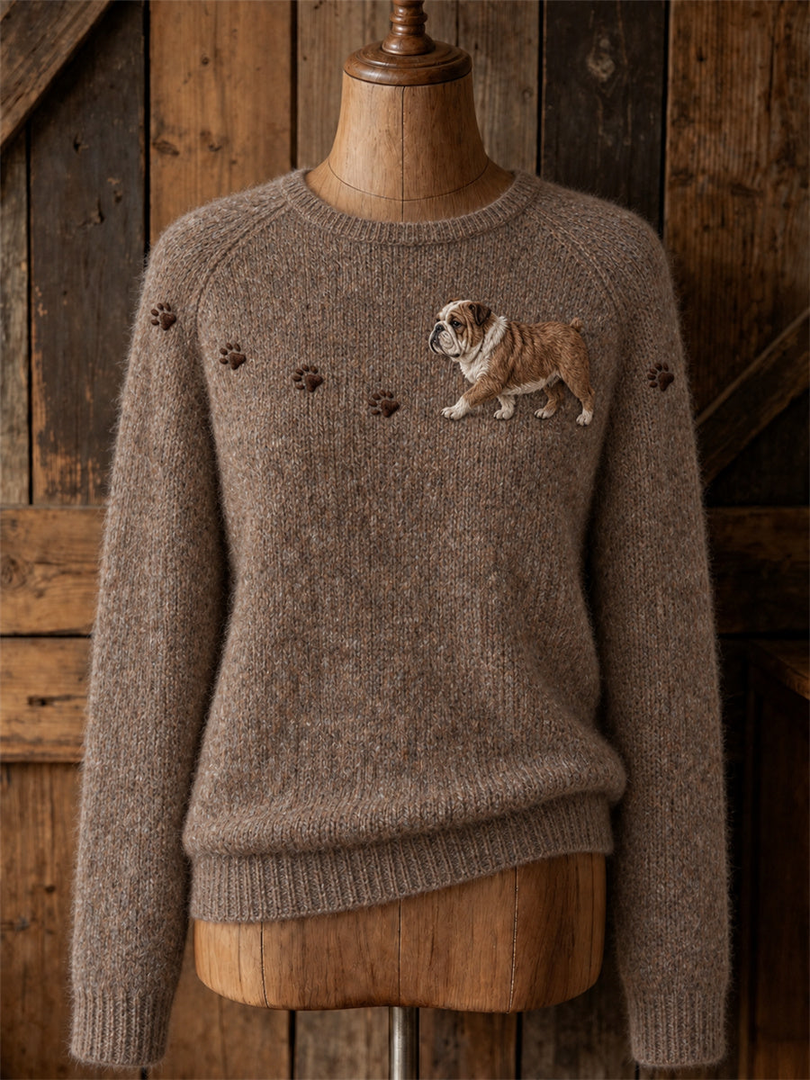 Kvinnors ljuvliga bulldogg promenader & Paw Prints Yoke Print besättning hals tröjar