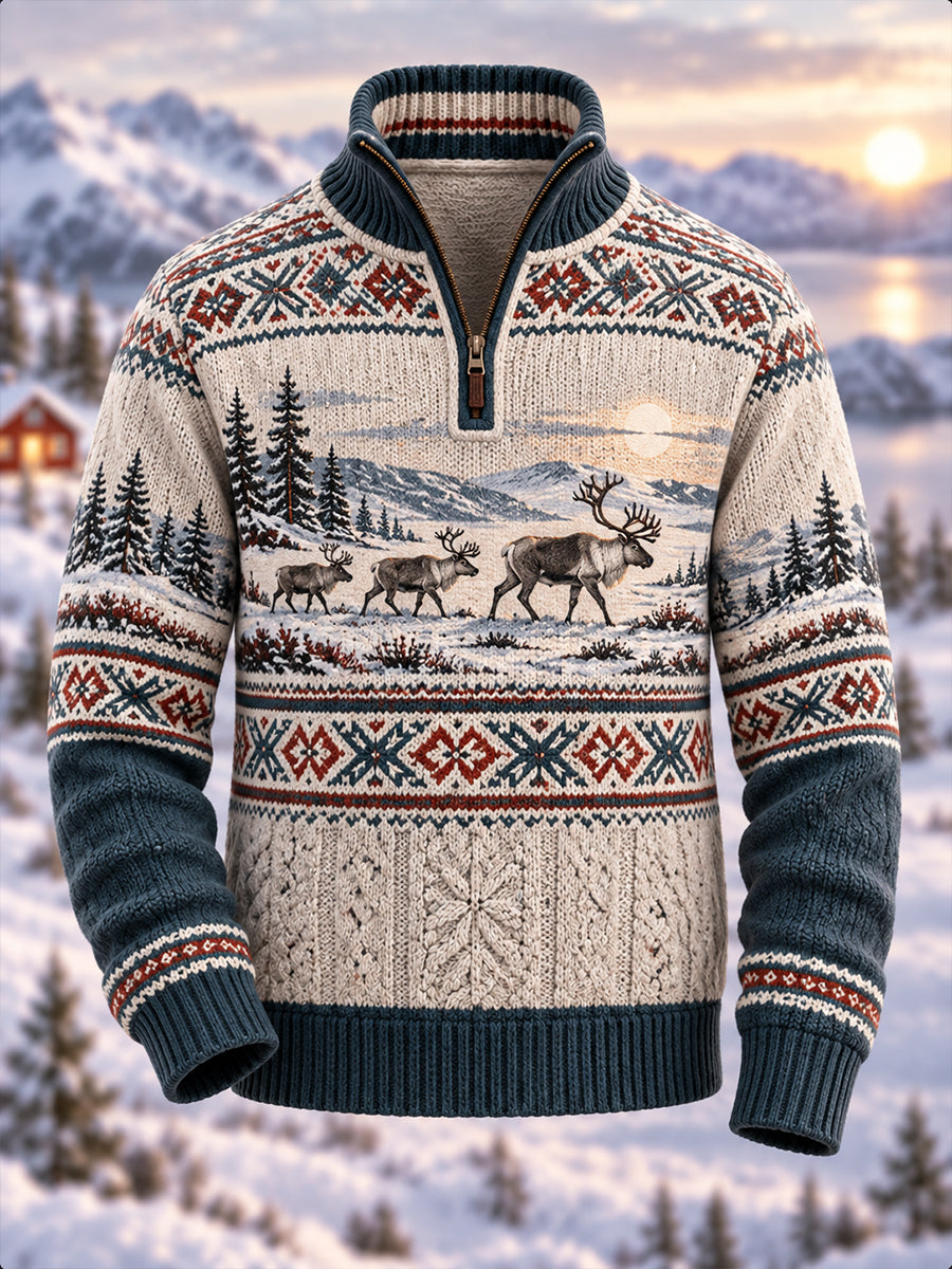 Mäns nordiska djur Skriv ut Flannel Halv-Zip tröjar