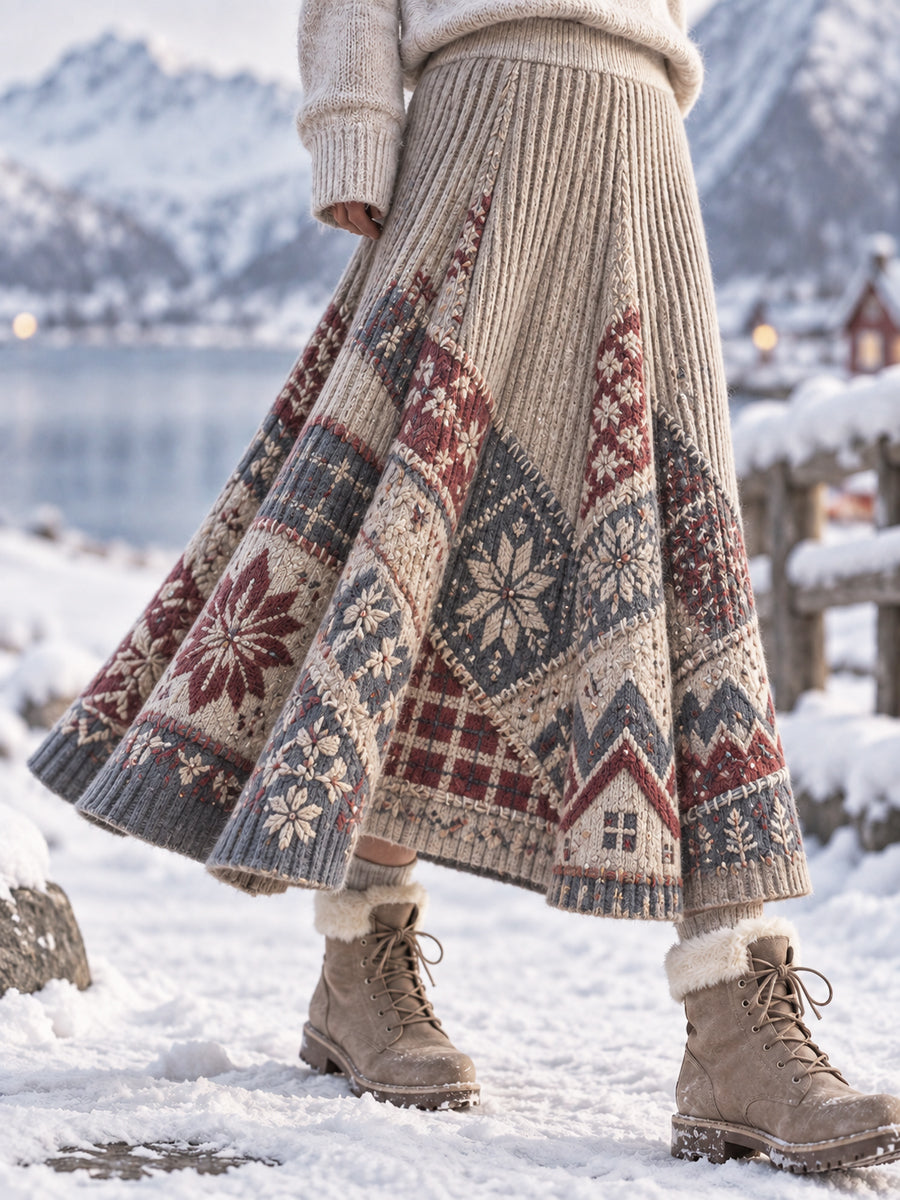 Kvinnors Classic Nordic Fair Isle Patchwork A-Line Skirt