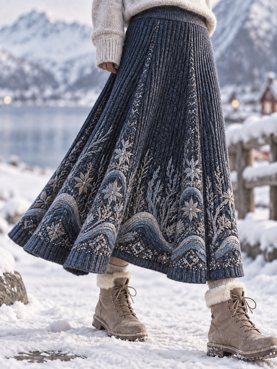 Kvinnors Classic Nordic Fair Isle Wave-Print Midi Skirt