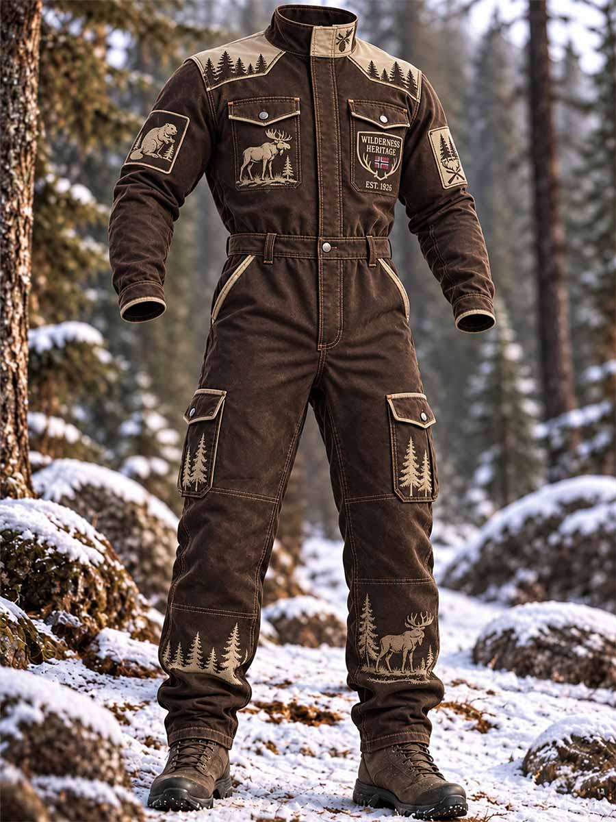 Menns retro jumpsuit med jaktsesongmønster for utendørsbruk