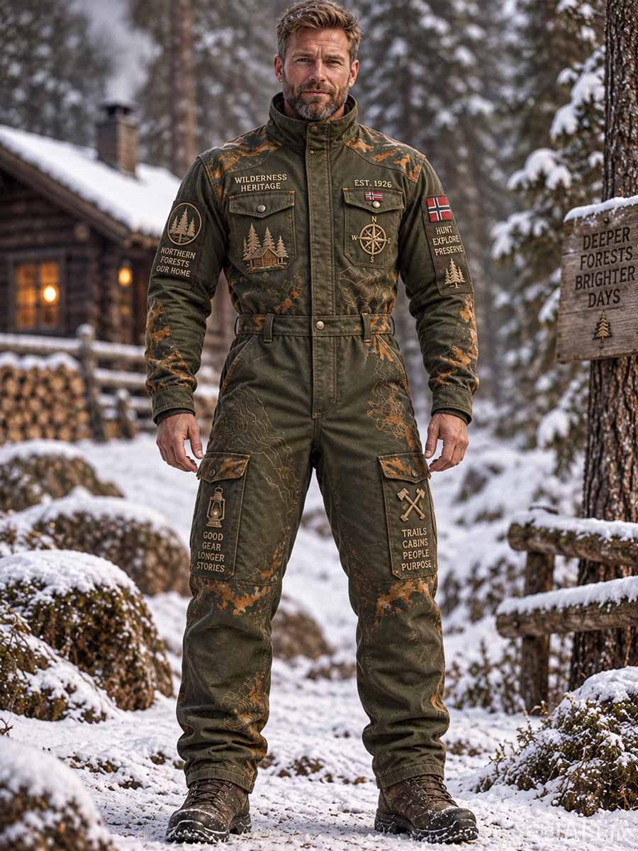 Menns retro jumpsuit med jaktsesongmønster for utendørsbruk