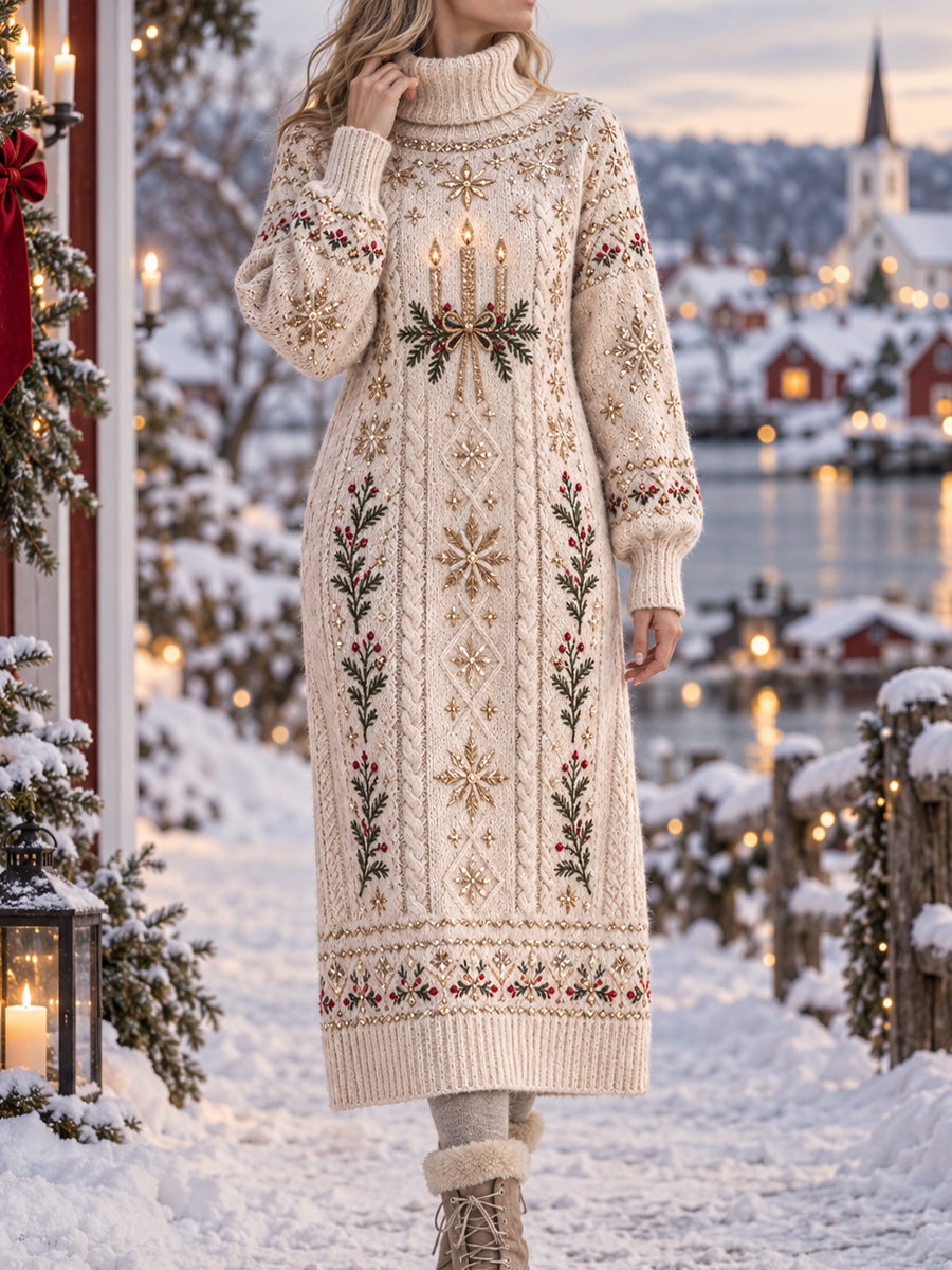 Kvinnlig vintage Luciafestklänning i konststil med hög hals och ljuslykta