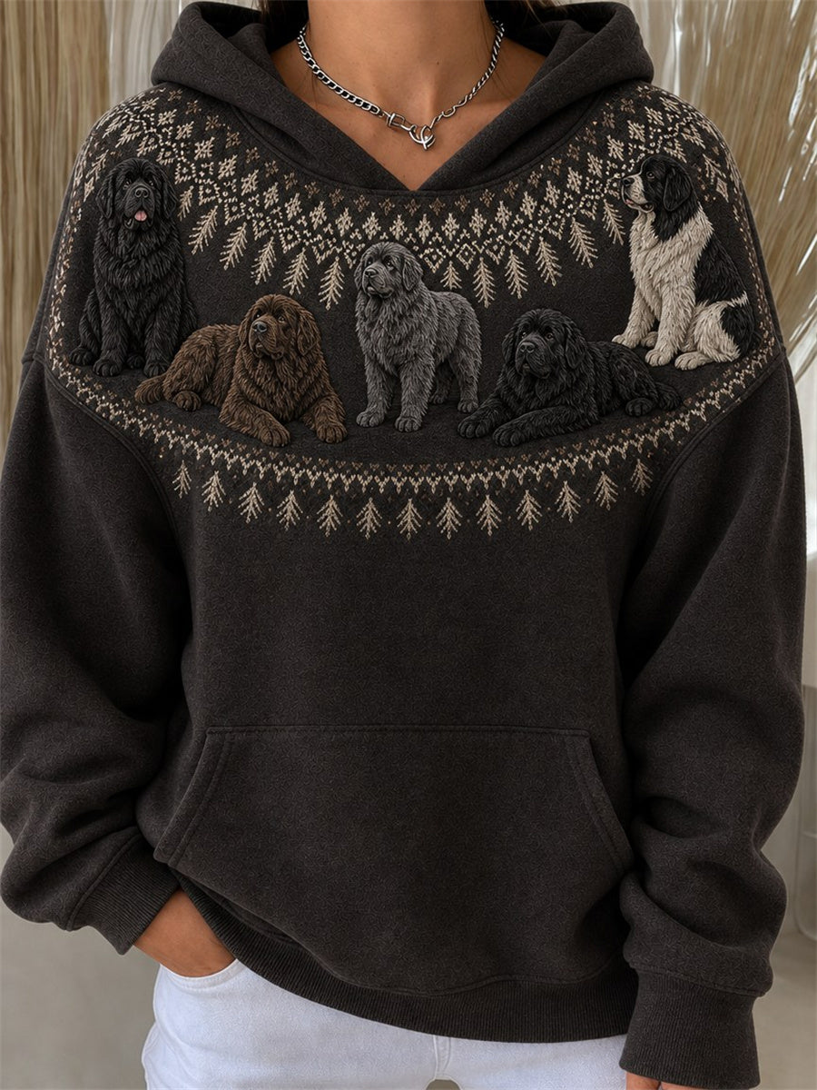 Kvinnors Vintage Newfoundland hundar Yoke Isle Print Mysig Hoodie Print