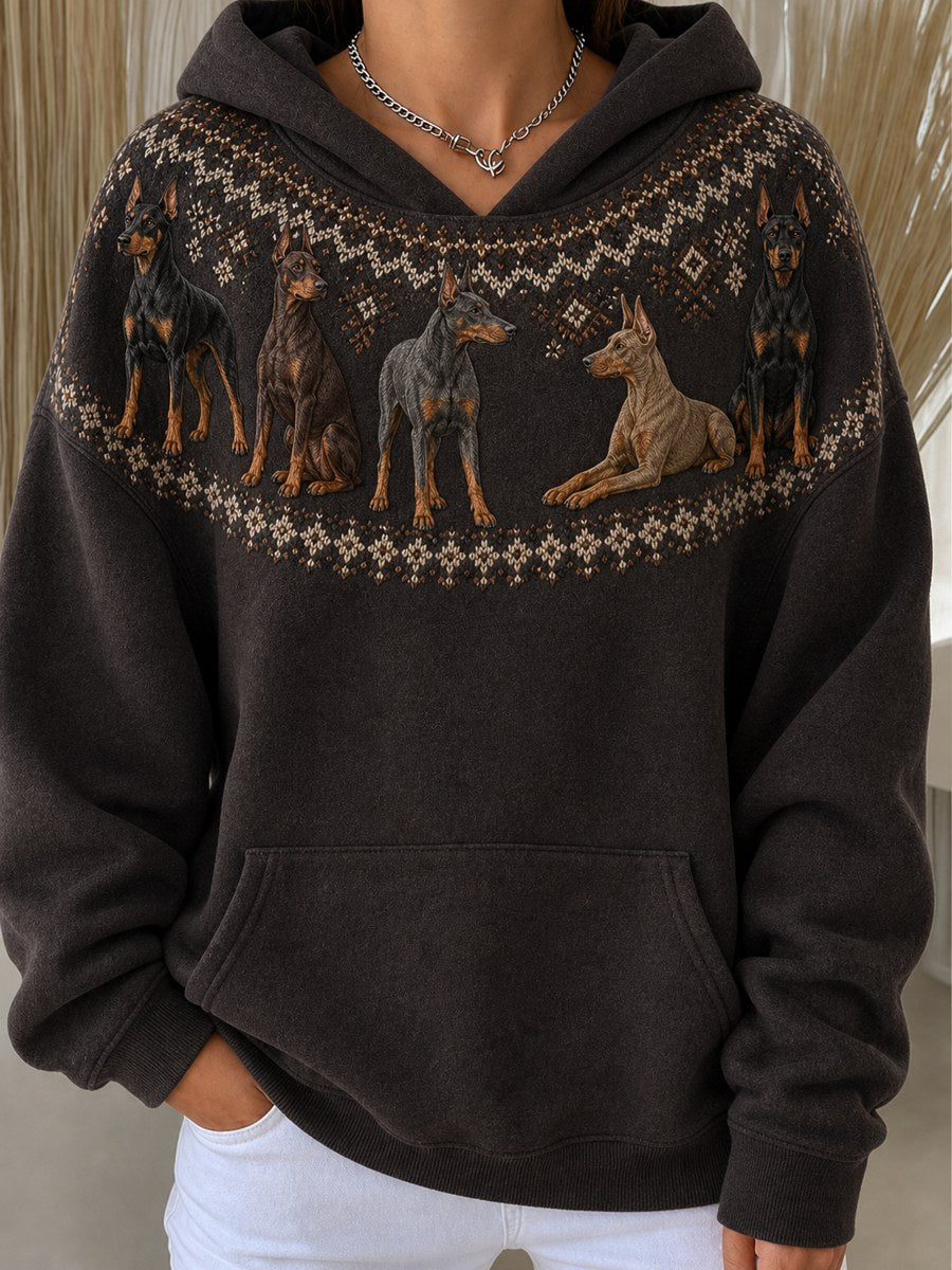 Damens vintage Dobermannhundar Yoke Isle-mönstrad mysig hoodie