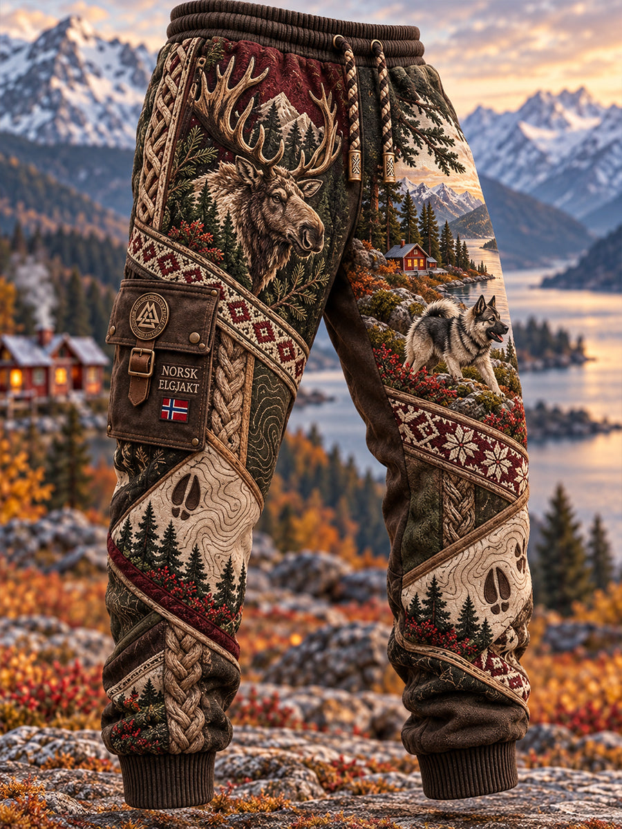 Herre-elegante joggingbukser med norsk jaktmotiv, uformell stil