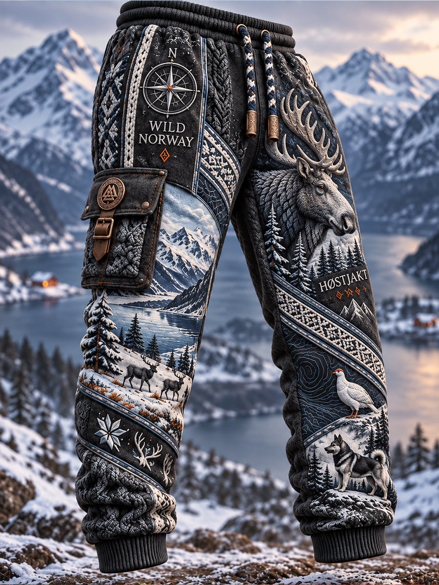 Herre-elegante joggingbukser med norsk jaktmotiv, uformell stil