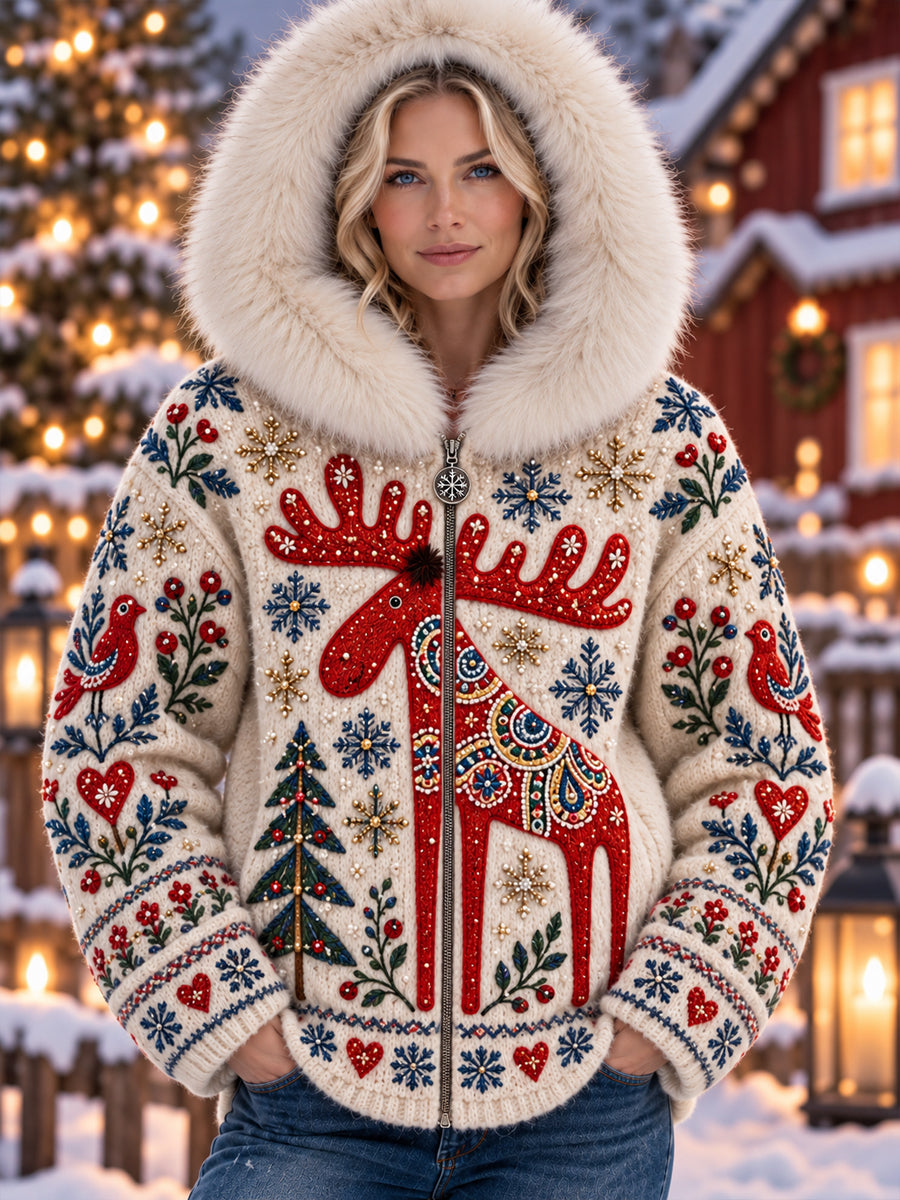 Dams julmysig vinterkappa i Fair Isle-stil med pälskrage