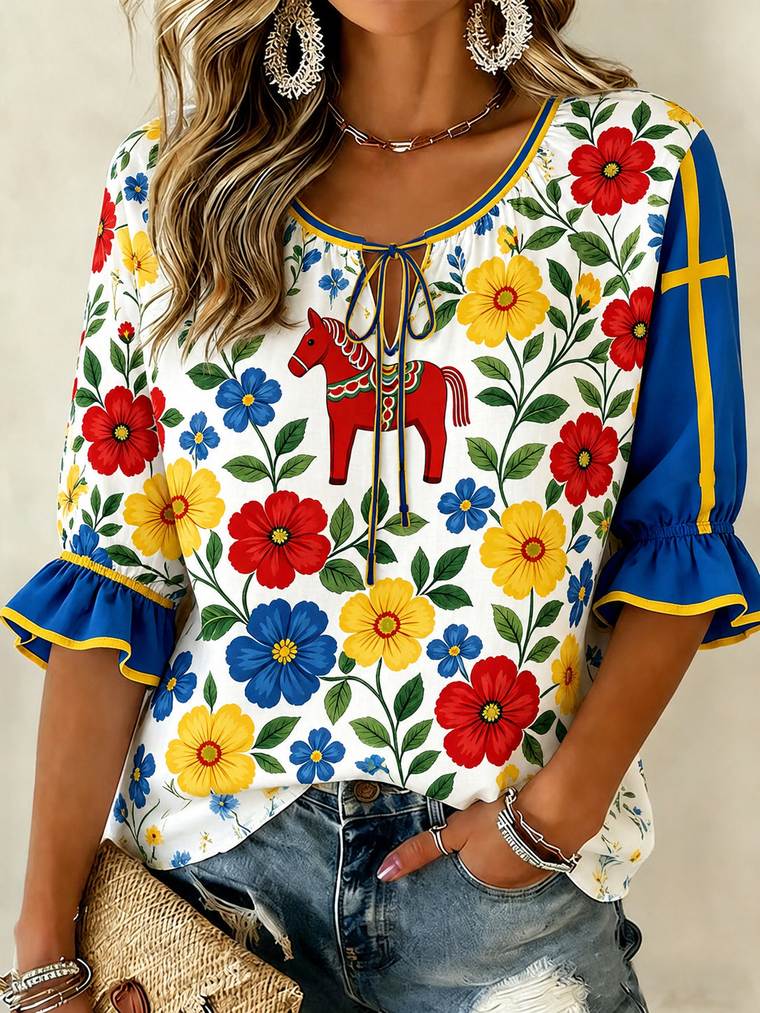 Damer Svensk midsommarfest minneskonsttryck T-shirt