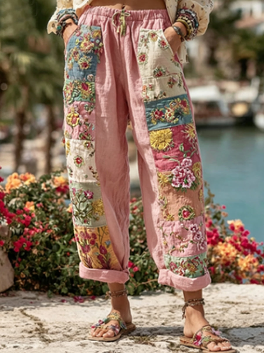 Kvinnor Bohemian Blomsterbroderi konst kontrast färg lin blandning Casual byxor