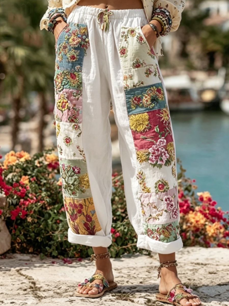 Kvinnor Bohemian Blomsterbroderi konst kontrast färg lin blandning Casual byxor