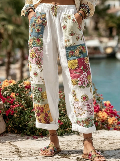 Kvinnor Bohemian Blomsterbroderi konst kontrast färg lin blandning Casual byxor