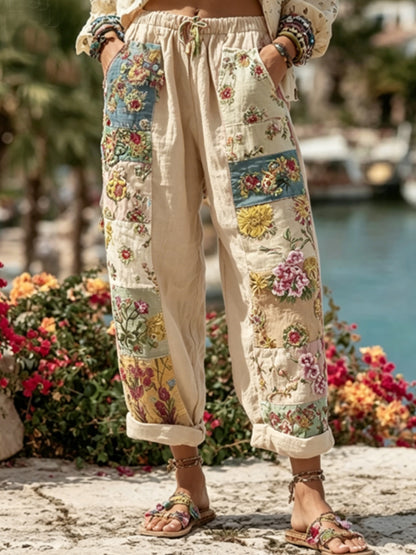 Kvinnor Bohemian Blomsterbroderi konst kontrast färg lin blandning Casual byxor