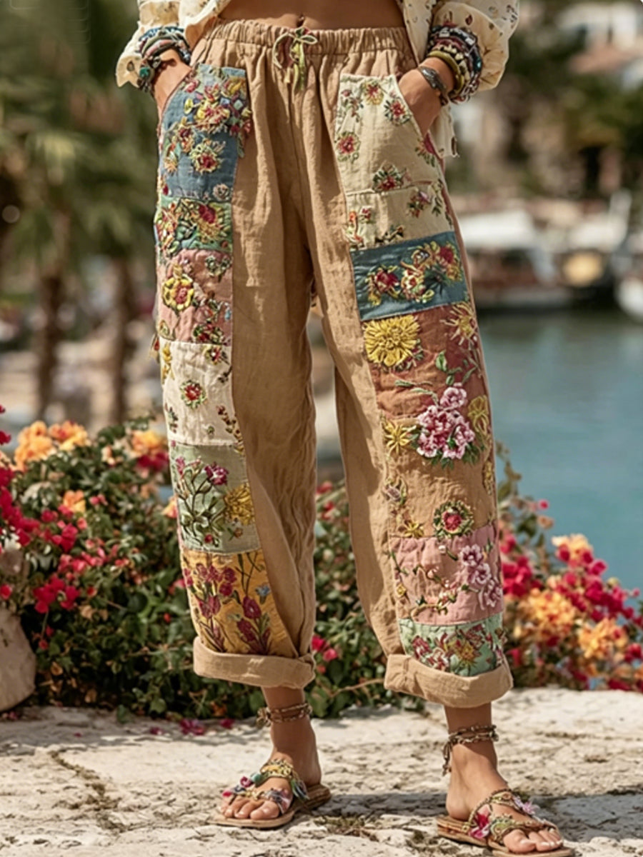 Kvinnor Bohemian Blomsterbroderi konst kontrast färg lin blandning Casual byxor