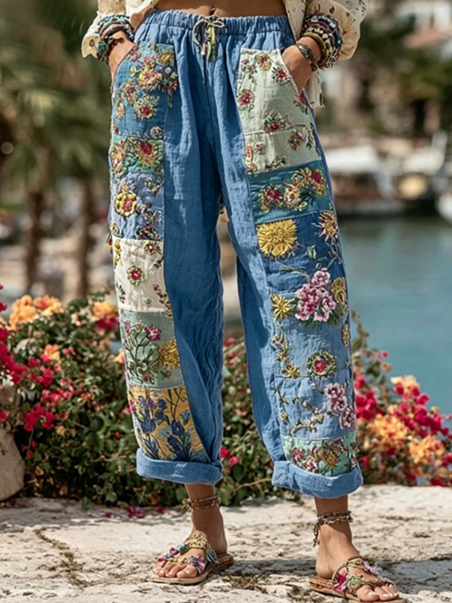 Kvinnor Bohemian Blomsterbroderi konst kontrast färg lin blandning Casual byxor