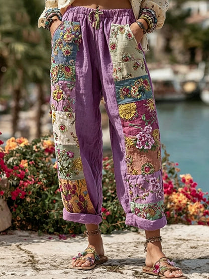 Kvinnor Bohemian Blomsterbroderi konst kontrast färg lin blandning Casual byxor