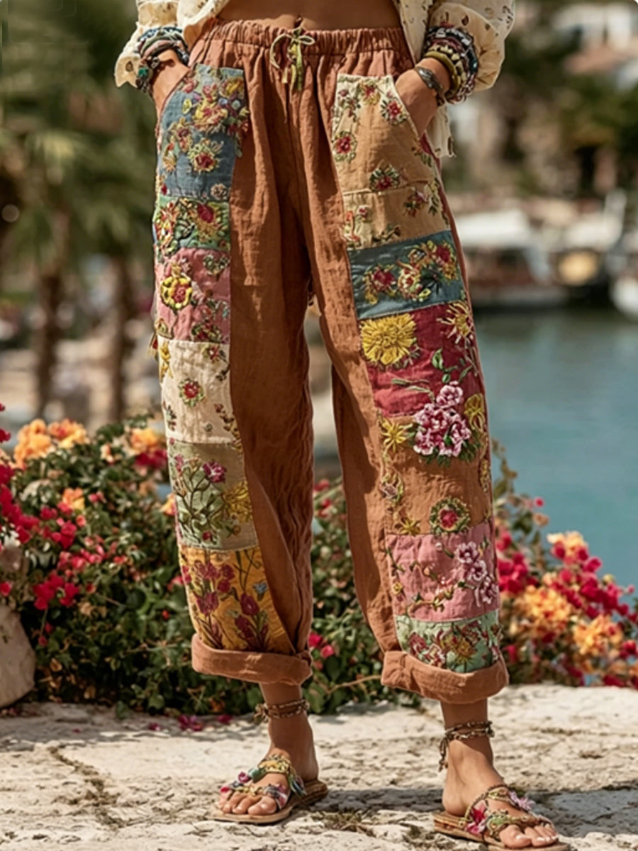 Kvinnor Bohemian Blomsterbroderi konst kontrast färg lin blandning Casual byxor