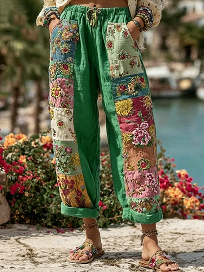 Kvinnor Bohemian Blomsterbroderi konst kontrast färg lin blandning Casual byxor