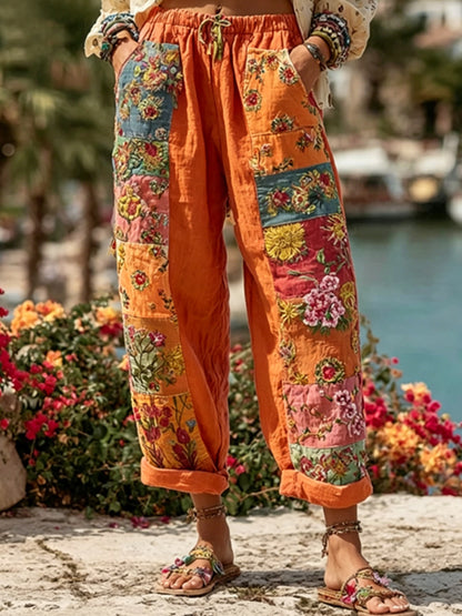 Kvinnor Bohemian Blomsterbroderi konst kontrast färg lin blandning Casual byxor