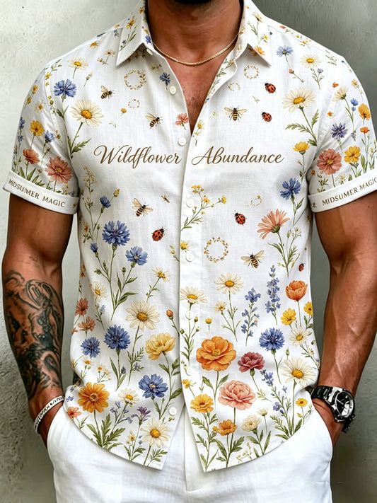 Herr retro svensk midtsommerfolkealdri blomstrete bomull-lin skjorte med korte ermer