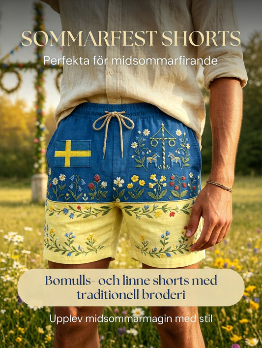 Menn Retro Svensk Midtsommer Folkelig Blomstret Bomull-Lin Korte Bukser