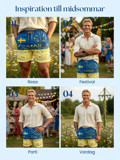 Herrar Retro Svenska Midsommar Folkal Blommig Bomull-Linne Korta Byxor