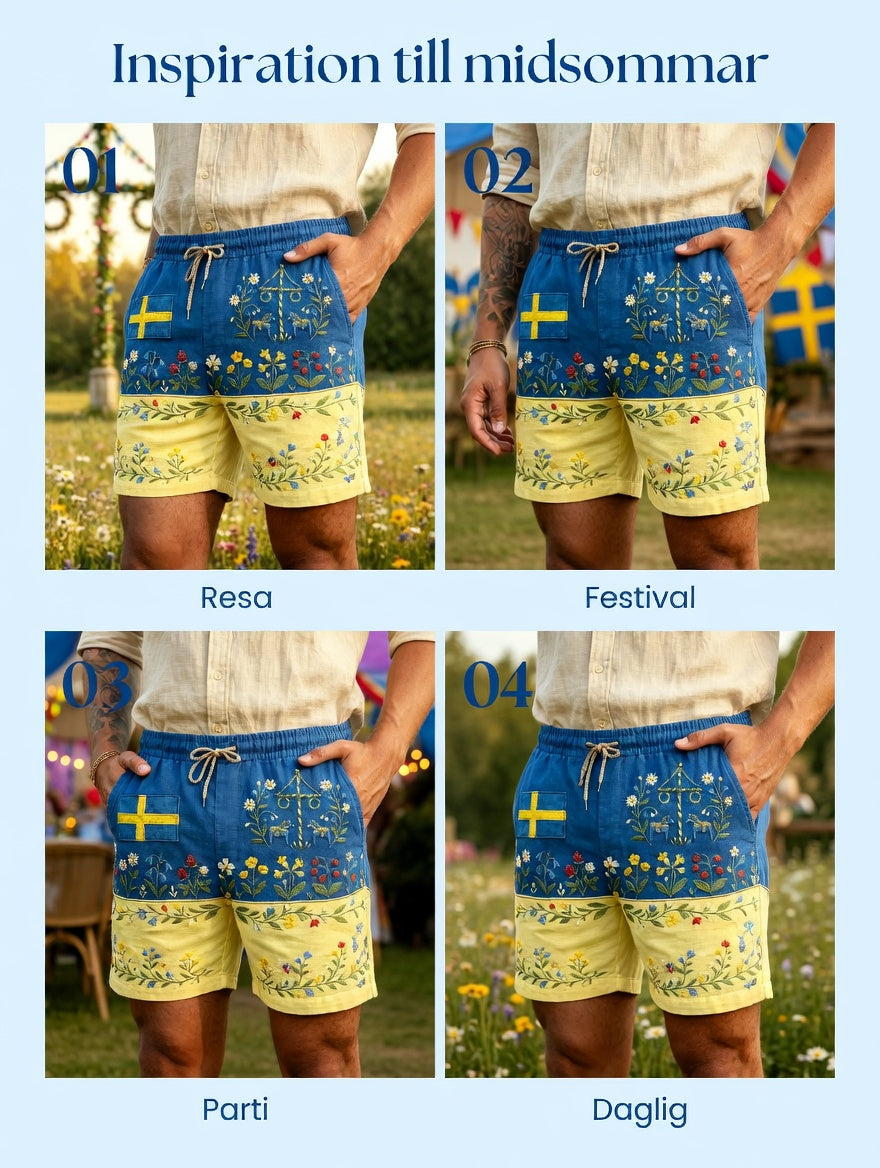 Herrar Retro Svenska Midsommar Folkal Blommig Bomull-Linne Korta Byxor