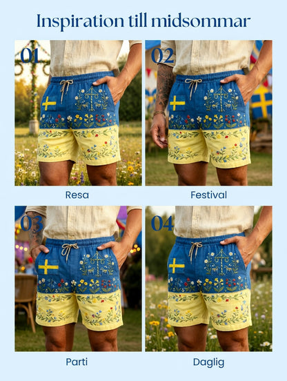 Herrar Retro Svenska Midsommar Folkal Blommig Bomull-Linne Korta Byxor