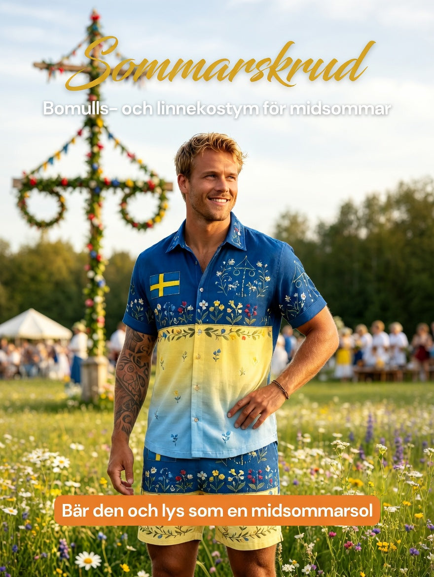 Herrar Retro Svenska Midsommar Folkal Blommig Bomull-Linne Korta Byxor
