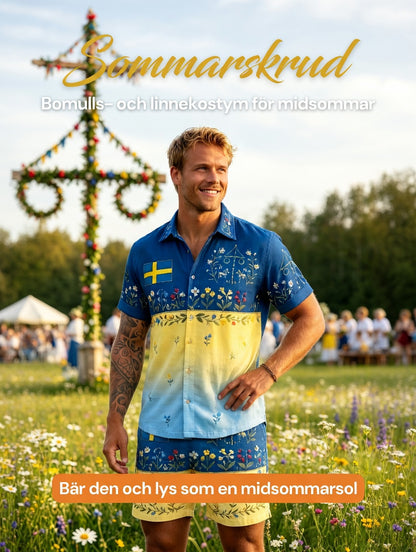 Herrar Retro Svenska Midsommar Folkal Blommig Bomull-Linne Korta Byxor