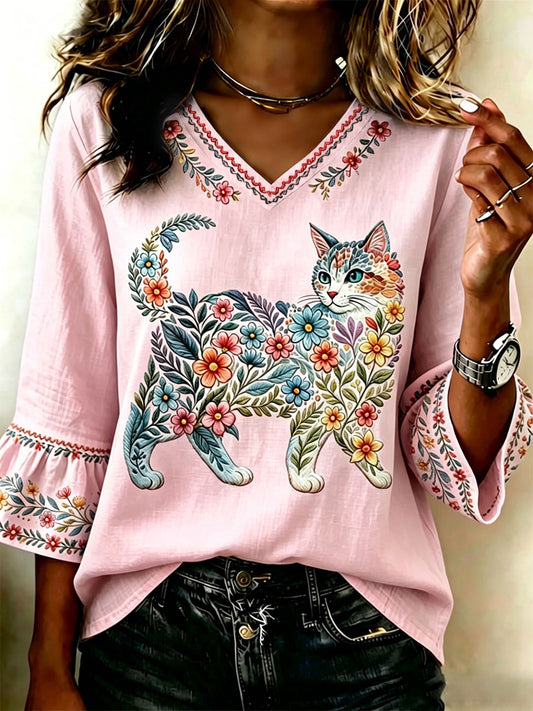 Topp for damer, blomstret med kattetrykk, uformell stil