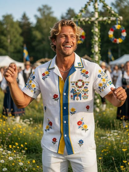 Herrretro svensk midsommarfolkaldrigblommig bomull-linne skjorta med korta ärmarna