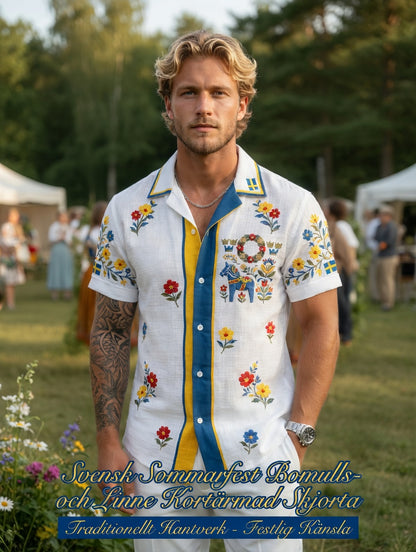 Herrretro svensk midsommarfolkaldrigblommig bomull-linne skjorta med korta ärmarna