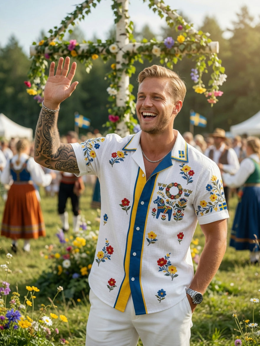 Herrretro svensk midsommarfolkaldrigblommig bomull-linne skjorta med korta ärmarna