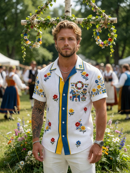 Herrretro svensk midsommarfolkaldrigblommig bomull-linne skjorta med korta ärmarna
