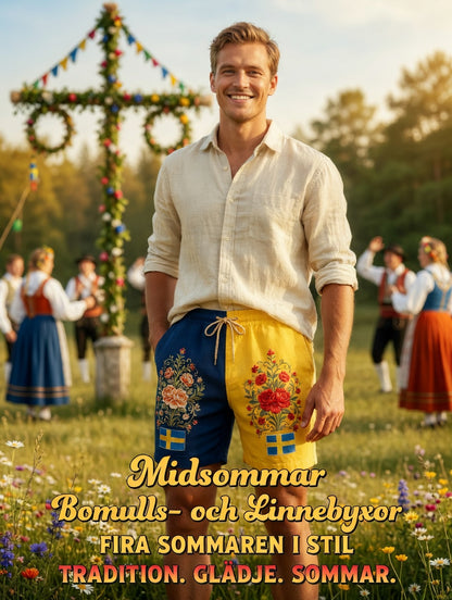 Herrkläder Retro Svenska Midsommar Folk Floral Bomull-Linne Korta Byxor