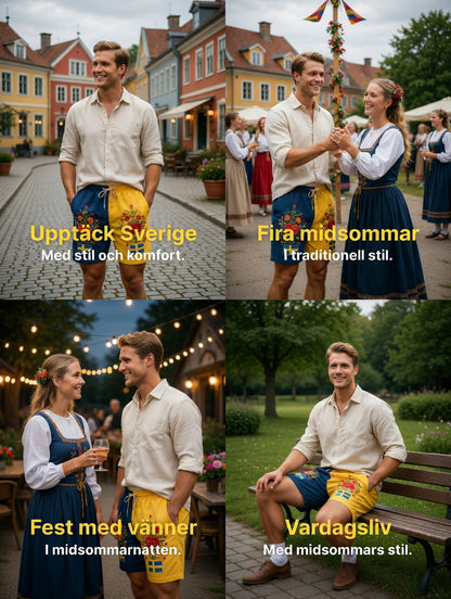 Herrkläder Retro Svenska Midsommar Folk Floral Bomull-Linne Korta Byxor