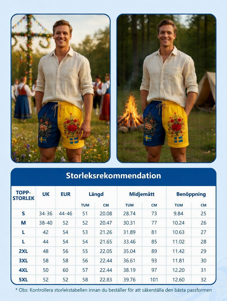 Herrkläder Retro Svenska Midsommar Folk Floral Bomull-Linne Korta Byxor