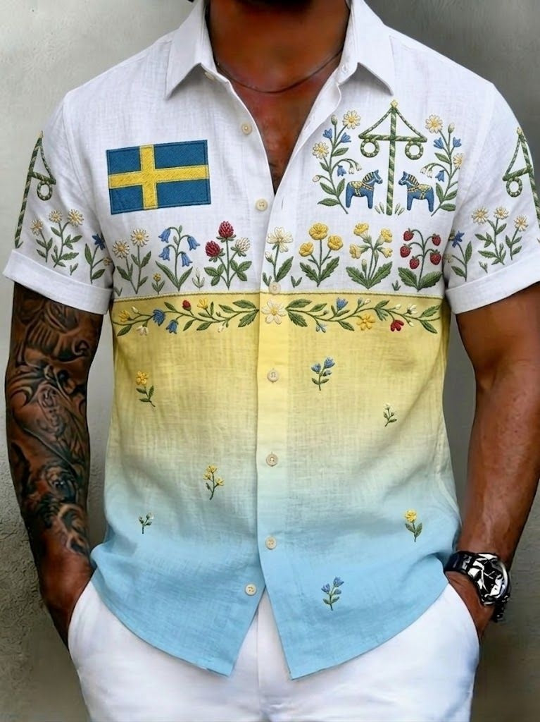 Herrretro svensk midsommarfolkaldrigblommig bomull-linne skjorta med korta ärmarna