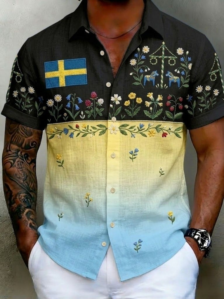 Herrretro svensk midsommarfolkaldrigblommig bomull-linne skjorta med korta ärmarna