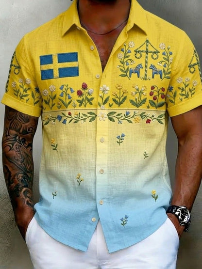 Herrretro svensk midsommarfolkaldrigblommig bomull-linne skjorta med korta ärmarna