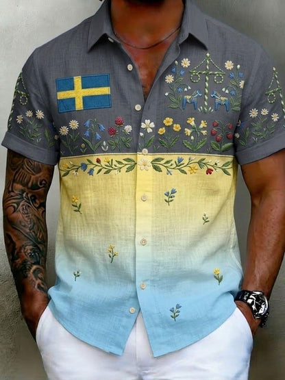 Herrretro svensk midsommarfolkaldrigblommig bomull-linne skjorta med korta ärmarna